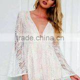 Ladies Fashion White Lace v Neck Long Flare Sleeve Adult Romper thumbnail-2