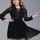 Long Sleeve Double Layers Bandaged Neck Casual Dress thumbnail-2