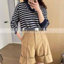 Women Casual Polo Neck Striped Silk Cashmere Sweater Jumper Shirt thumbnail-4