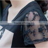 Round Neck Short Sleeve With Chrysanthemum Embroidered Lace Cotton Words Beaded Printed Flower Hem With Mesh Women T-shirt thumbnail-5