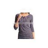 COTTON WOMENS STRIPED LONG SLEEVE T SHIRT WITH BUTTON PLACKET