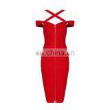 Fashion Women Red Off Shoulder Neck Cross Zip Front Bodycon Bandage Dress thumbnail-4