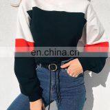 Custom Logo Print Embroidery Vendor With Long Sleeve Pullover Women Stripe Panels Crew Neck Sweatshirt Crop Top thumbnail-1