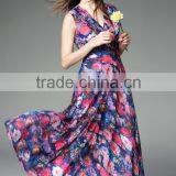 2016 New Spring/summer Women Europe High Quality V-neck Roses Printing Chiffon Dress Posed Long Skirt Waist thumbnail-1