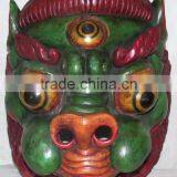 Foo Dog Mask: Wood Nepal Tibet Tibetan Buddha Buddhist Lion Green Blue Temple thumbnail-1