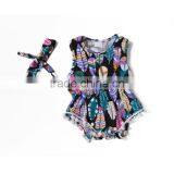 Wholesale Boutique Soft Cotton Printed Colorful Feather With Headband Newbron Infant Baby Romper Set thumbnail-1
