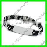 Black Leather Stainless Steel Bangle Cuff Bar Engraved thumbnail-3