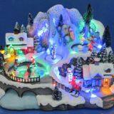 Polyresin Christmas Decoration 12'' LED Mountain Sence With Rotating Train,dancing People,skiing Childs , Eight Songs thumbnail-5