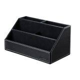 Home Office Wooden Struction Leather Multi-function Desk Stationery Organizer Storage Box, Pen/Pencil,Cell Phone, Business Name Cards, Note Paper, Remote Control Holder (black) thumbnail-3