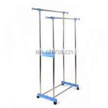 Telescopic Sliding Non Punching Clothes Hanger Iron Double Pole Clothes Hanger With Wheels