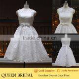 Newest Style Sleeveless Appliqued Sash Patterns Of Lace Tea Length Wedding Dresses thumbnail-1