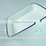 White Blue Line Zakka Style Enamel Ceramic Baking Dish With Handles Rectangular Baking Dish thumbnail-4