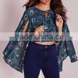 2016 Latest Fashion Design Lady Printed Cape Sleeve Tie Front Blouse thumbnail-2