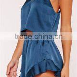 MGOO Women Cropped Cami Pyjama Set Blue Singlet Slip Top With Lace Trim Shorts Plain Pajama Set thumbnail-4