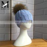 Hot Sell Cute Winter Hats Natural Raccoon Fur Pompom Beanie Cap With Ball Top Knitted Crochet Kid Hat thumbnail-2