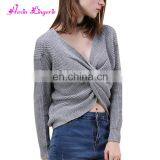 New Arrival Sexy Gray v Neck Ladies Fancy off Shoulder Custom Knitted Cashmere Sweater thumbnail-2