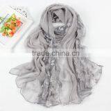 Korea Lady Fashion Flower Embroidery Double Layered Lace Chiffon Scarf thumbnail-2