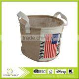Jute Collapsible Clothes Linen Storage Bag, Two Handles, Applique thumbnail-1