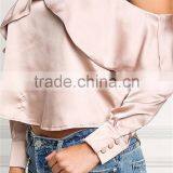 MGOO 2017 Latest Designs Women Satin Blouses Tops Plain Fashion Off Shoulder Crop Custom Ruffles Shirts thumbnail-4