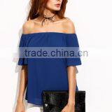 Blouses Latest Fashion Design Women Clothing Royal Blue Pleated Sleeve Off The Shoulder Blouse thumbnail-1