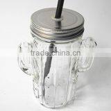 Cactus Plant Unique Shape Clear Glass Juice Mason Jar With Silver Lid and Straw thumbnail-2