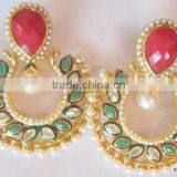 Red Green Bollywood Polki Gold Tone Dangler EARRINGS thumbnail-2