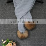 Custom keep warm winter factory price knitted scarf with genuine raccoon fur balls hot style