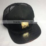 Custom Flat Brim Trucker Cap Glod Metal Plate Mesh Cap 6 Panel Pu Brim Trucker Hats thumbnail-2