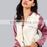 Custom Logo Women Button Coat Satin Letter Print Bomber Jacket Mauve Ribbing Trim Baseball Outwear thumbnail-3