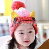 Hot Selling Fashion New Handmade Ears With Buttons Baby Kids Knitted Pom Pom Beanie Cap thumbnail-2