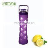 popular style glass drinking bottle with silicone sleeve and PP lid and straw