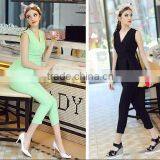 New Summer V Neck Green Color Ruffled Top With Slim Fitted Top and Pants Suit Fashion Matching Set thumbnail-4