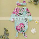 Soft Cotton Baby Sleeping Bag With Hairband Set Floral Print Baby Knotted Gown thumbnail-2