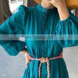 TWOTWINSTYLE Bohemian Dress For Women Temperament Stand Collar Lantern Long Sleeve High Waist Sashes thumbnail-6