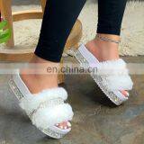 2020 New Thick Bottom Slippers Women's Faux Fur Diamond Slippers Flat Outdoor Platform Shoes Women's Sandals thumbnail-3