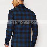 Man Skinny Shirt in Navy Buffalo Check With Long Sleeves thumbnail-2