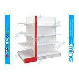 White and Red Double Sided Supermarket Display Shelves Solid Panel With End Cap