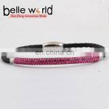 Fashion Leather Braid Titanium Steel Bracelet With Rhinestone thumbnail-3