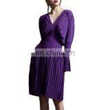 TWOTWINSTYLE Elegant Pleated Summer Dress Women V Neck Flare Long Sleeve High Waist Midi thumbnail-4