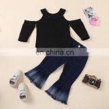 Kids Ribbed O Neck Off-Shoulder Tops Shirts & Denim Jean Flared Pants Casual Outfit Spring Fall Winter Clothes thumbnail-3