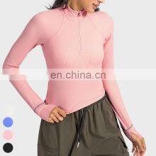 Women Breathable Clothing Running Wear Custom Sports Shirts Gym Fitness Top Long Sleeve Ribbed Half Zip Yoga Shirt For Women thumbnail-4