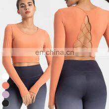 Shockproof Running Clothing Long Sleeve Cross Back Hollow Out Sports Tops Gym Fitness Tshirt Yoga Crop Top For Women With Padded thumbnail-1