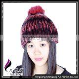 CX-C-58E Girls Fashion Wholesale Rex Rabbit Knitted Fur Hats Caps With Fur Ball thumbnail-1