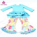 Ruffle Hem Blue Top With Owl Animal Prints Ruffle Pants Outfits Set Toldder Girl Clothing Set LBYTZ001-37 thumbnail-3