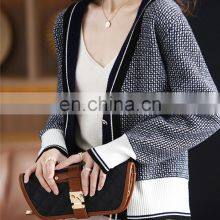 Women Fashion Plaid V Neck Jacquard Merino Wool Korean Style Casual Cardigan Sweater thumbnail-4