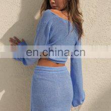 2021 Cross-border New Product Pure Color Women's Fashion Twisted Long Sleeve V-neck Sexy Top Drawstring Short Skirt Autumn Set thumbnail-3