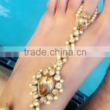 GOLD Tone Crystal Pearl Anklets Toe Ring Barefoot Sandal PAYAL Pair thumbnail-2