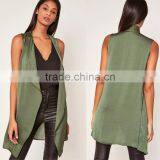 Light Weight Crepe Sleeveless Cardigan Women's Khaki Green Waistcoat thumbnail-5