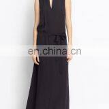 Plain Black Casual Flare Maix Dress v Neck Sleeveless Tie Waist Dress for Woman thumbnail-1