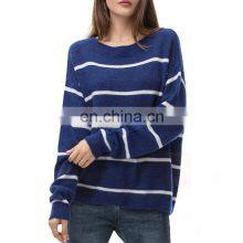 Women Oversized Crew Neck Plain Knit Loose Pullover Merino Wool Striped Sweater Top thumbnail-1
